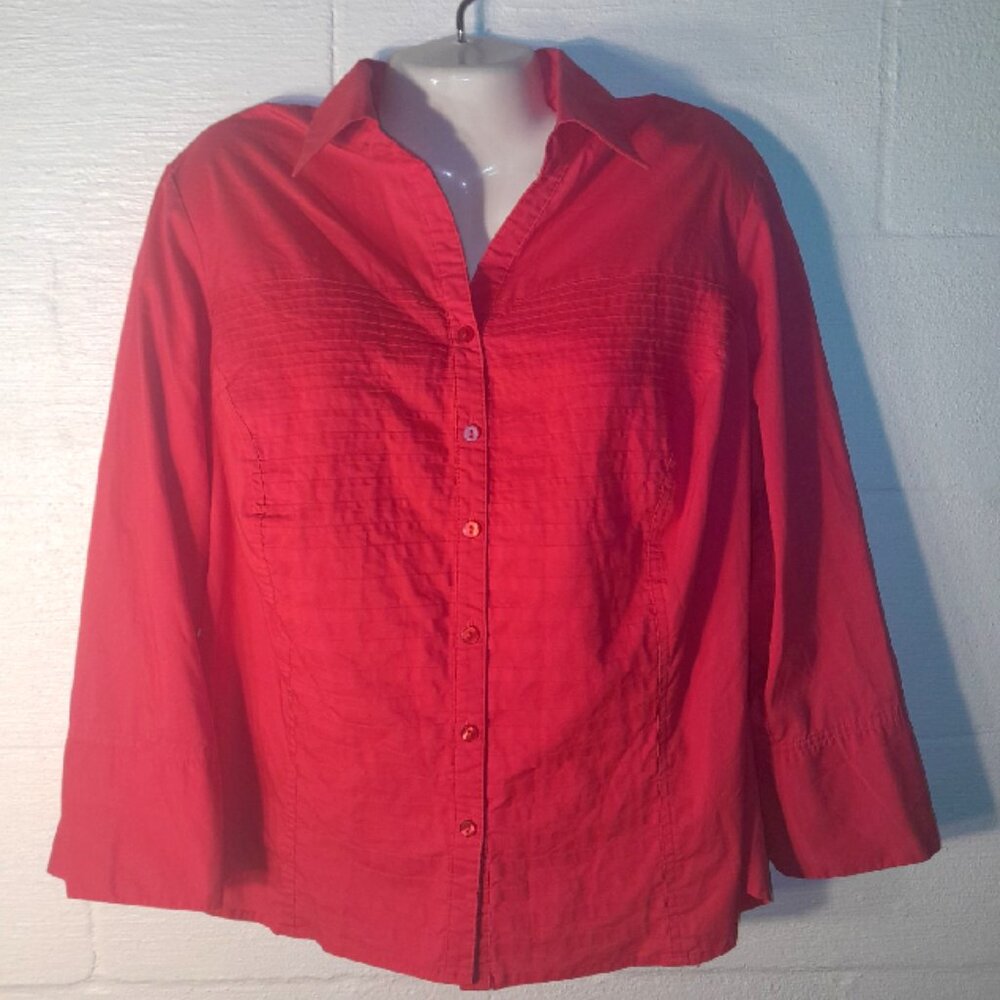 Signature Larry Levine Woman Plus Size 1X Red Button Up Shirt Stretch Top Blouse